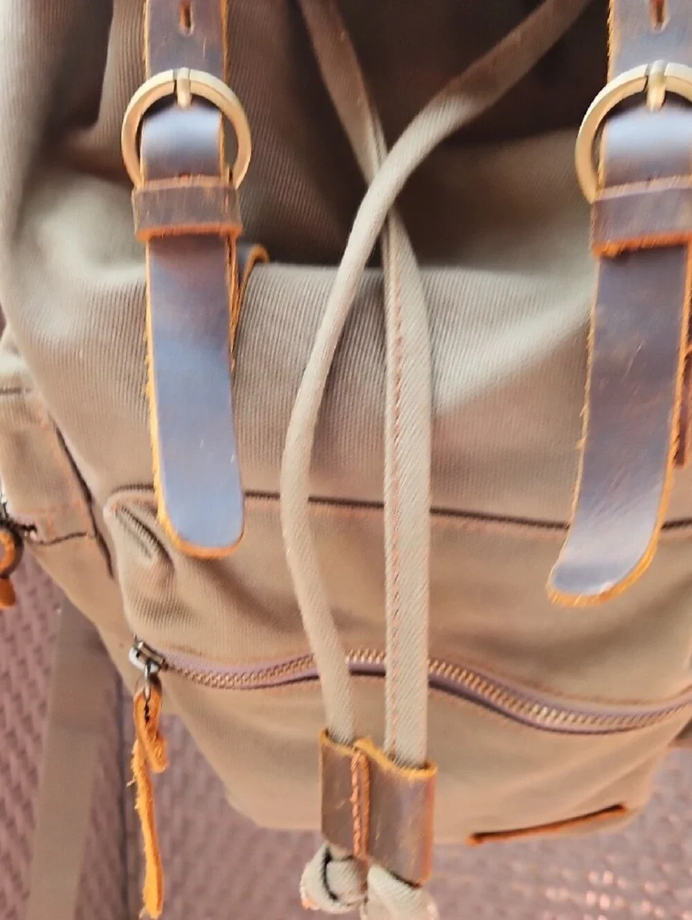 Khaki Canvas Backpack with Brown Leather Trim